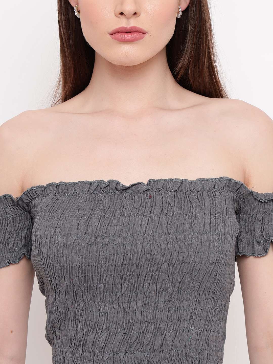 Women's Rayon Solid Off-Shoulder Smocked Crop Top Short Sleeve Casual Styles Tank Top (FREE SIZE) Multi22 - Image 4